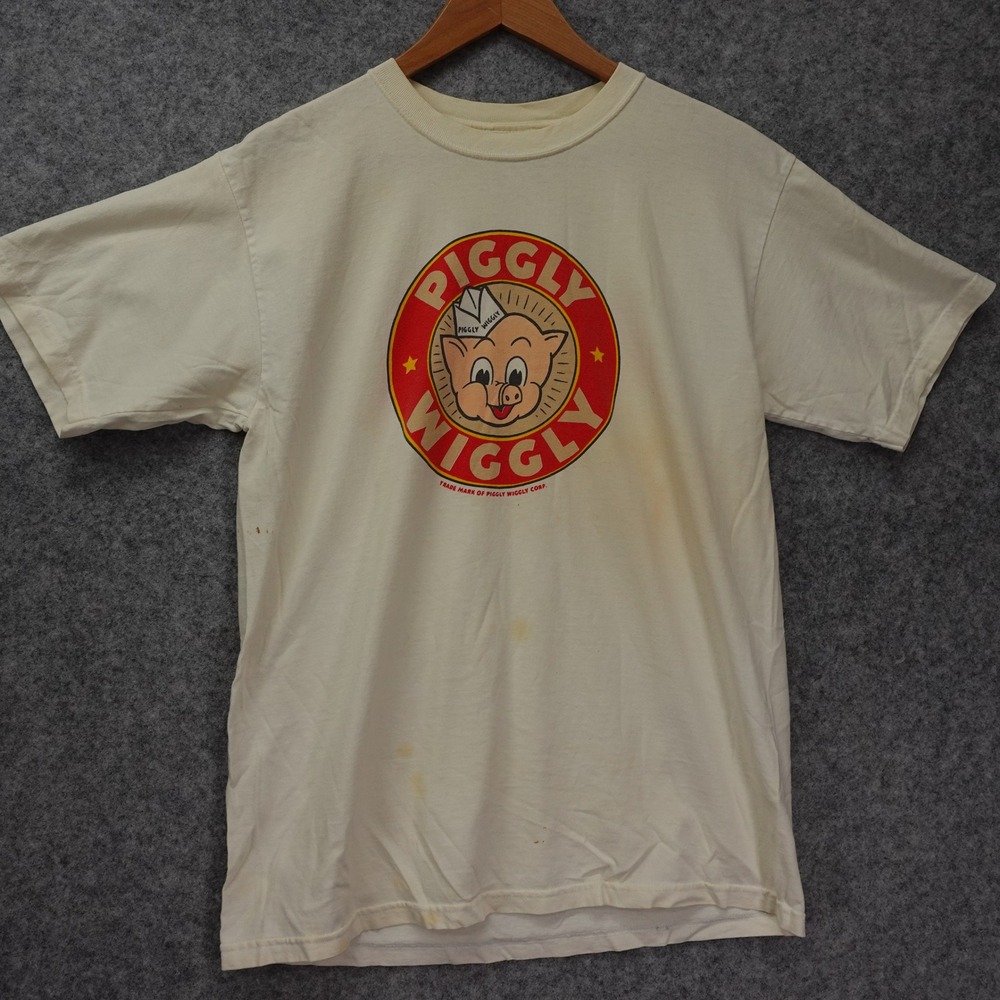 Vintage 90s Piggly Wiggly Shirt MEDIUM Cartoon Mascot Promo Tee ANVIL Soft Worn